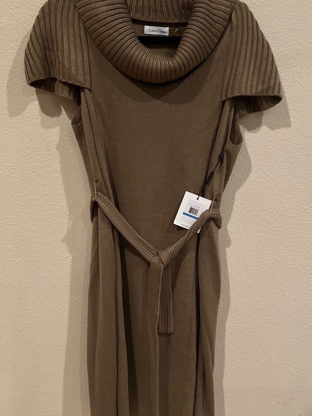 Calvin Klein Olive-Green Knit Midi Dress with Cowl Neck